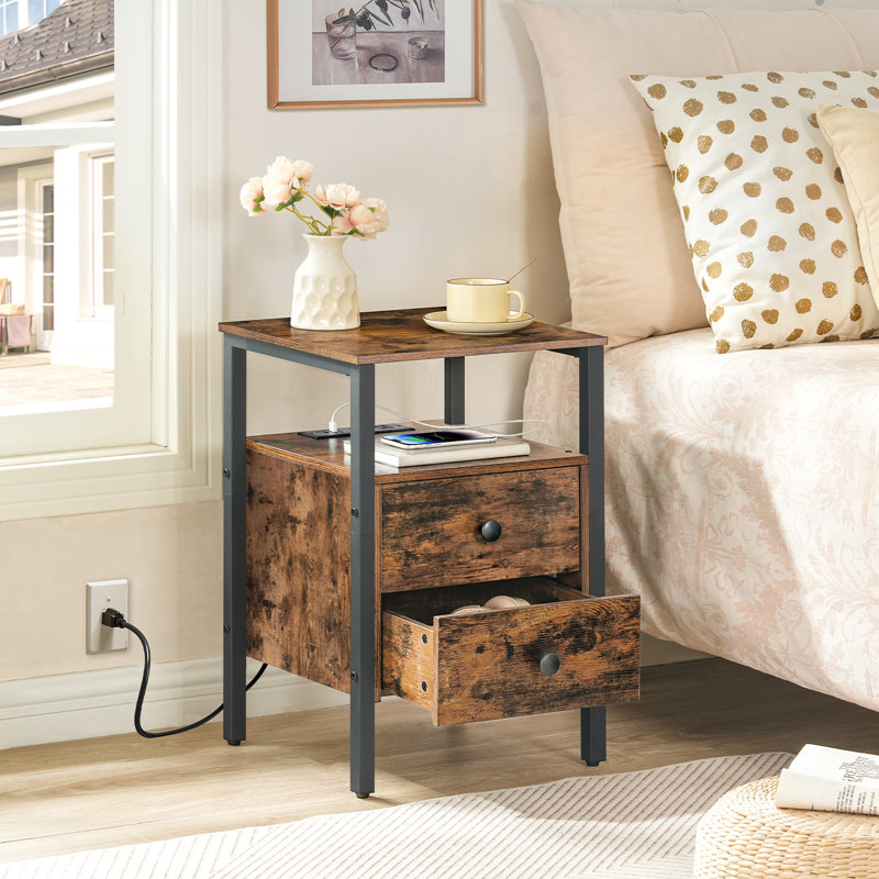 Pake 2 - Drawer 23.6" Tall Iron Nightstand with Storage and Built-In Outlets, Black/Rustic Brown