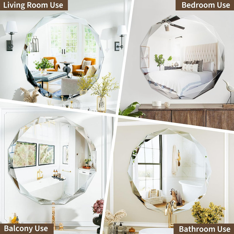 Round Beveled Edge Frameless Bathroom Vanity Mirror, Decorative Wall Accent Mirror, 24"×24"