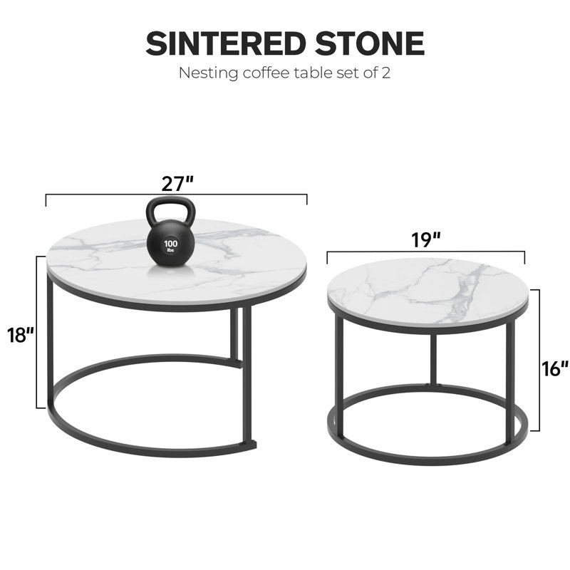 Sintered Stone Top Nesting Coffee Table Set, 18" H x 27" L x 27" W, White