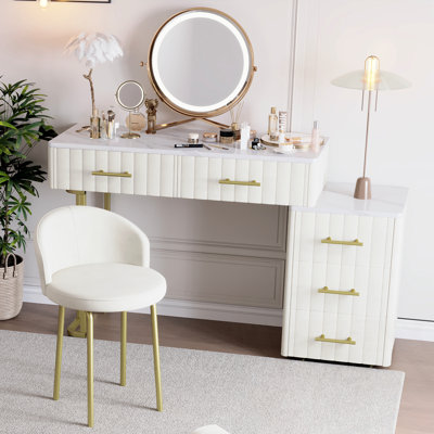 Velvet Upholstered Vanity Desk With Chair And 5 Big Drawers by Mercer41