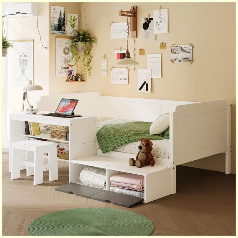 Wooden Twin Size Daybed with Storage Shelves and Lockers, Multi-functional Bed with Study Desk and Matching Stool, White
