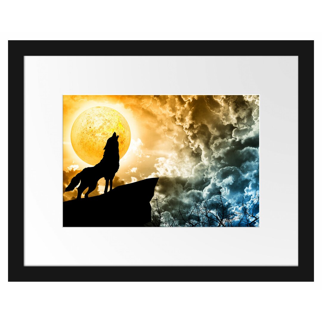 Gerahmtes Poster Wolf heult den Mond an