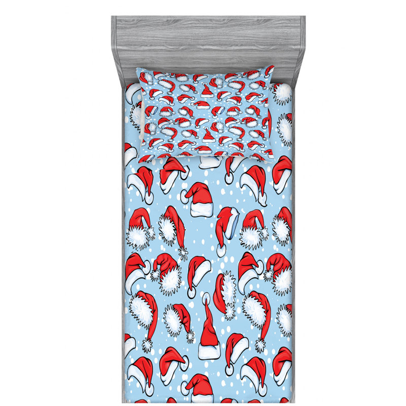 Blue and Red Santa Hat Print Twin Microfiber Sheet Set
