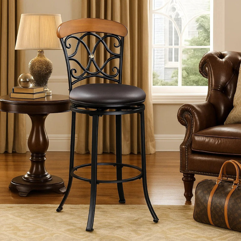 Soni Swivel Bar Height Chair, Scroll Back, Faux Leather, Black Metal, Bar Stool (28" Seat Height)