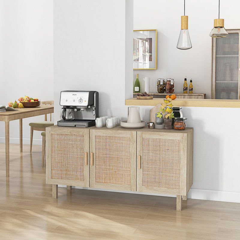 Buffet, armoire de cuisine, armoire à café avec 3 portes en rotin et tablettes réglables, Naturel