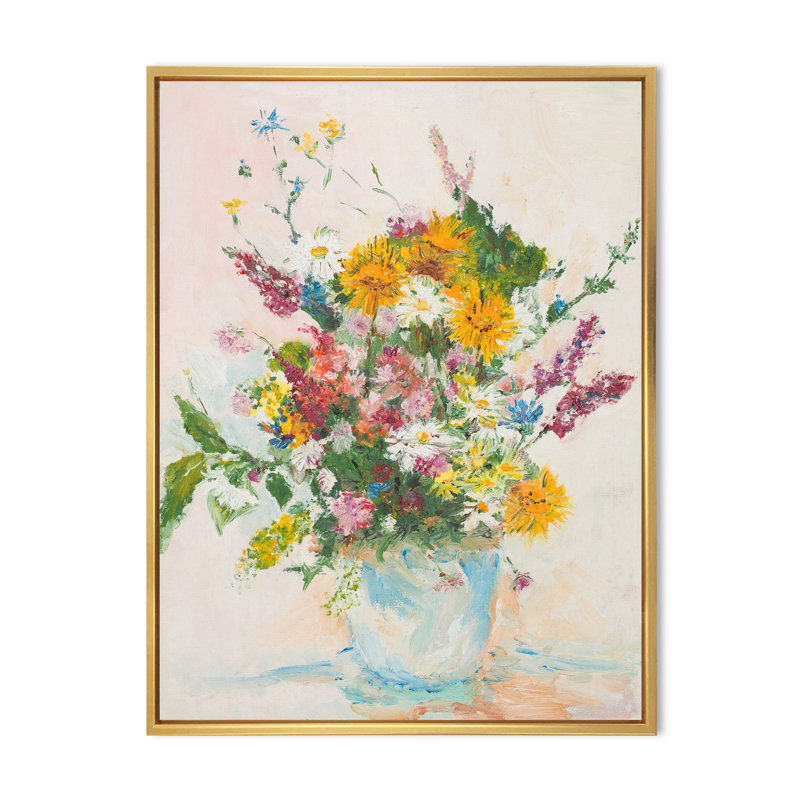 Bouquet Nature morte de fleurs sauvages - Art mural sur toile traditionnel, H 12 po x l 8 po x P 1 po, Cadre flottant doré