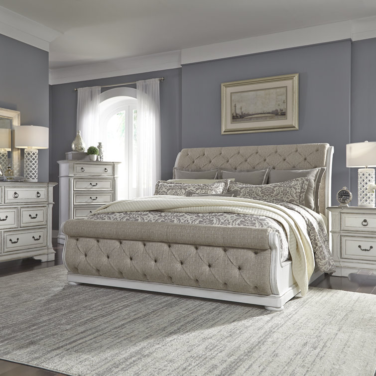 Upholstered Sleigh Bed, Dresser And Mirror, Chest, Nightstand Set