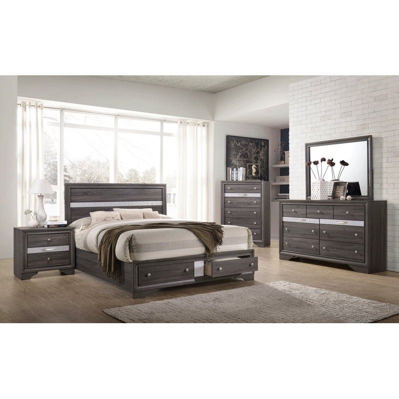 Ensemble de chambre avec très grand lit 5 pièces, Gris, 5 Pieces: Bed, Dresser, Mirror, Nightstands, Chest, Très grand lit