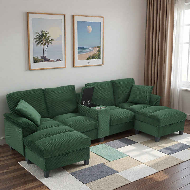 Canapé modulaire moderne en forme de U avec porte-gobelets, ports USB et repose-pieds avec rangement, Velours côtelé vert
