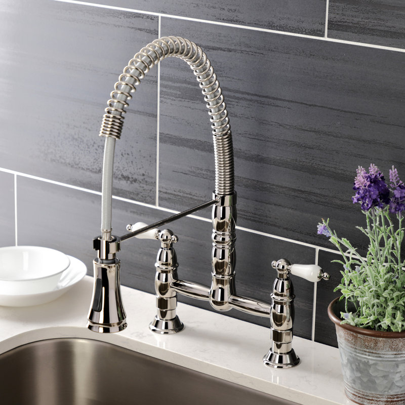 Kingston Brass Heritage Double-Handle 2-Hole Deck-Mount Pre-Rinse Bridge Kitchen Faucet, Polished Nickel