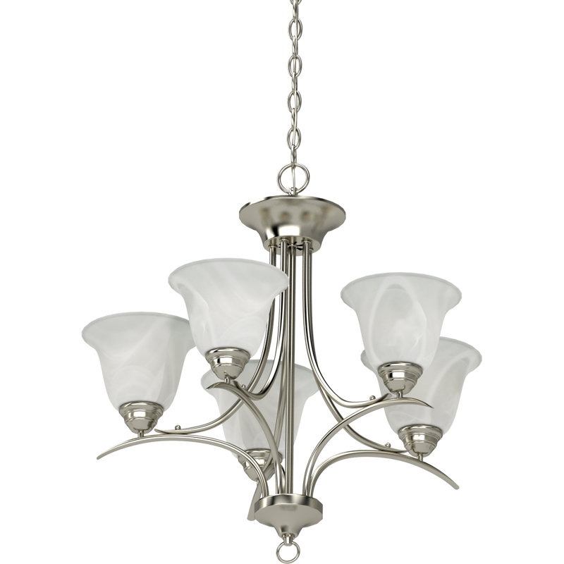 Whetsel 5-Light Indoor Brushed Nickel Classic/Traditional Chandelier with Alabaster Glass Bell Shades, Brushed Nickel