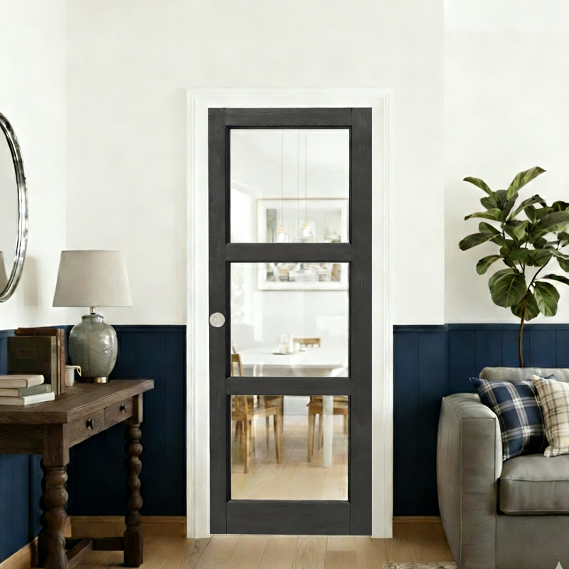 Porte à dalle - 3 portes intérieures en verre noir avec poignée ronde argentée 32 po x 80 po, 32 po x 80 po