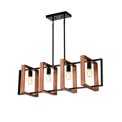 4-Light Kitchen Island Pendant Light with Matte Black Frame and Wood Accents