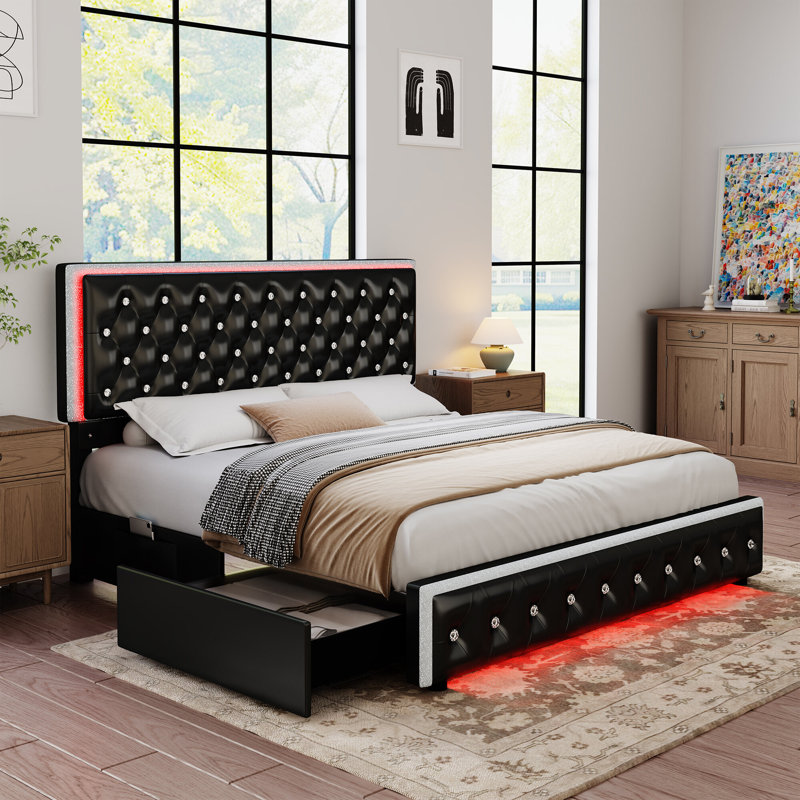 Diamond Button Tufted Bed Frame with LED Headboard Footboard & 2 Drawers Side Pockets, Black, Full