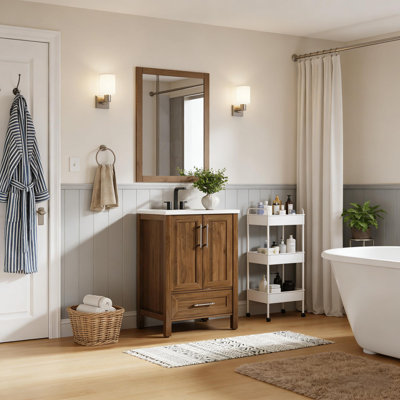 Meuble-lavabo pour salle de bain avec lavabo en céramique, portes d'armoire et tiroir pour la salle de bain et le jardin