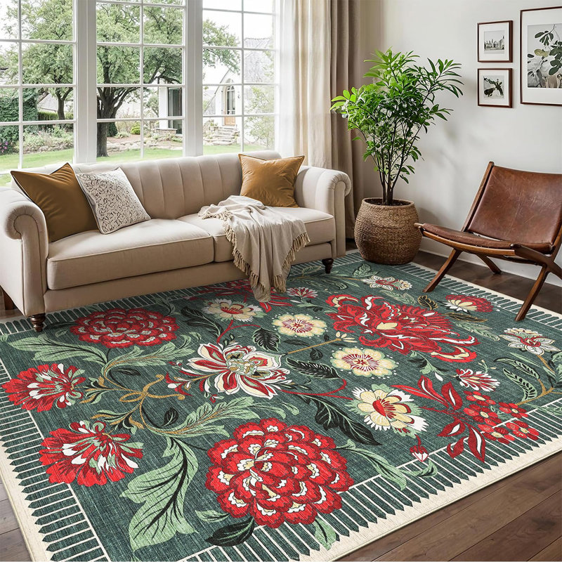 Vintage Boho Rugs Washable Area Rug Low Pile Non Slip Carpet Floral Botanical Accent for Living Room Bedroom Dining Nursery