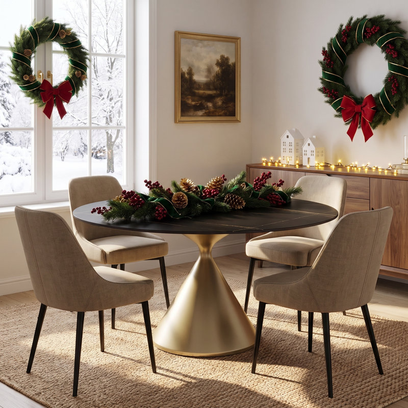  Table de salle à manger Suzzie, Matte Black, 47", Laiton antique