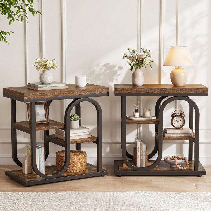 Ensemble de 2 tables de bout étroites, table de chevet avec tablettes de rangement