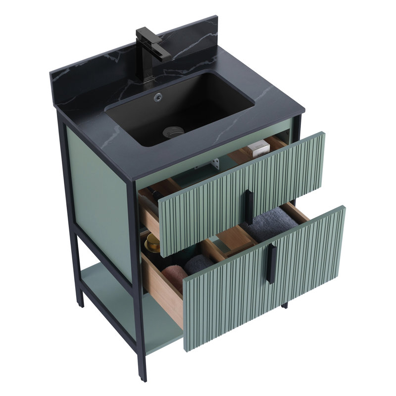 Meuble-lavabo moderne avec plateau en pierre Serenity, Vert menthe / noir, 24", Pierre d'ingénierie noire