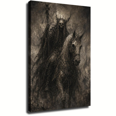 Gothic Skeleton Rider Canvas Wall Art, Vintage Dark Painting Of Skull Knight On Horse, Spooky Halloween Wall Art For Living Room Decor