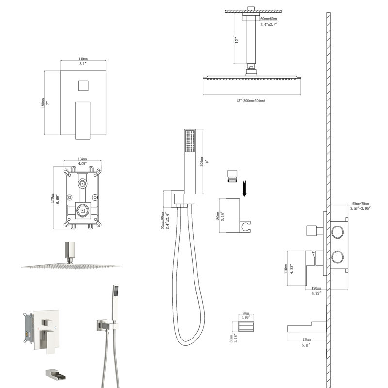 12" Ceiling Mount Shower System In Brushed Nickel - Square With Waterfall Tub Spout 3 Function, Rainfall & Handheld Valve Effortless Installation And Sanitizing Benefit Easy To Install Purify
