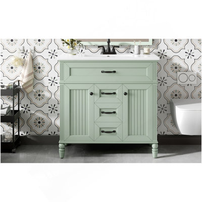 Meuble-lavabo de 91 cm avec lavabo intégré, meuble autoportant vert avec lavabo en céramique, structure en MDF et bois, tiroir supérieur rabattable, portes à fermeture amortie, 2 tiroirs de rangement, poignées noires