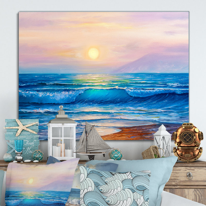 «Ocean Sunset And Waves», reproduction sur toile flottante, H 8 po x l 12 po x P 1 po, Toile tendue
