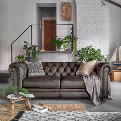 Charterhouse 3.5-Seater in Vintage Flint Top Grain Leather Grey Oak Feet Pewter Studs