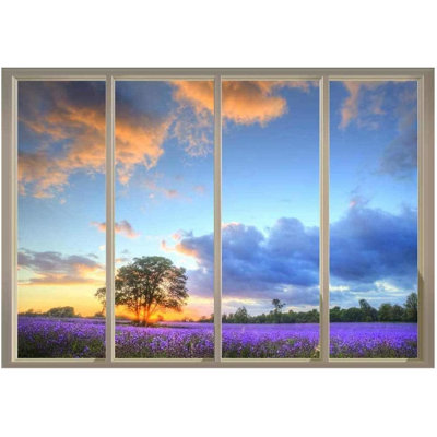 Panneau mural à 4 panneaux Lone Tree sur un champ de fleurs mauves au lever du soleil