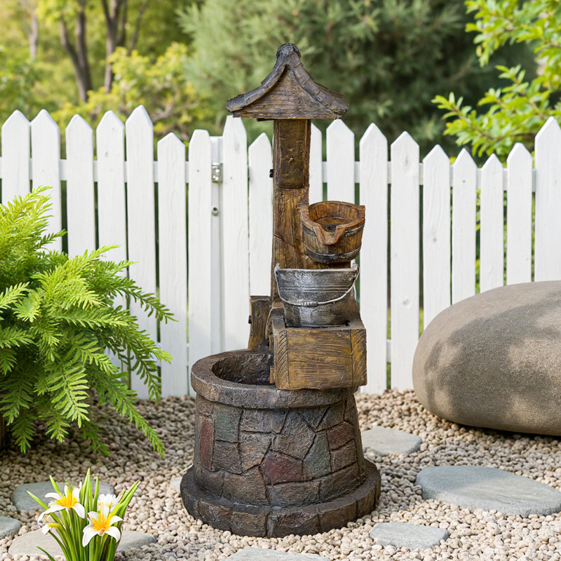 Traditional Style Tiered Wood And Iron Bucket Fountain With LED Lights For Garden, Patio, Or Couryard Decor