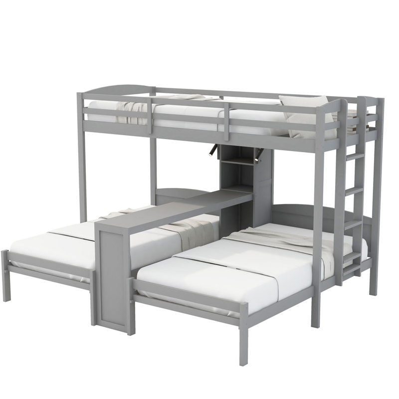 Lit superposé avec bureau intégré et tablettes de rangement, Gris