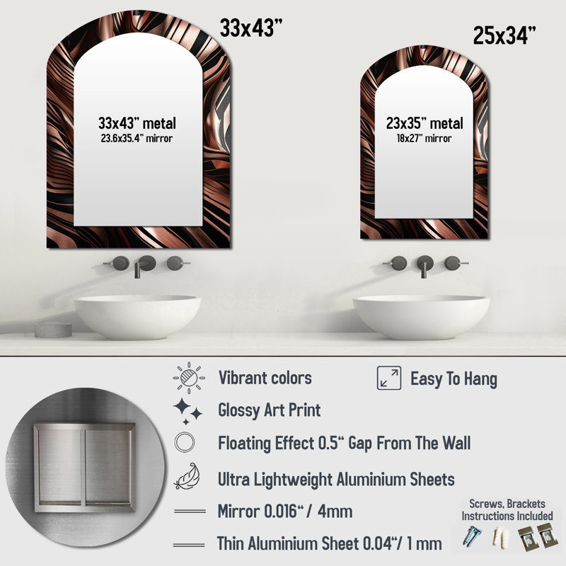 Rosegold embrassant l'essence des lignes IV - grand miroir asymétrique en marbre, miroir mural décoratif arche moderne, impression d'art en métal