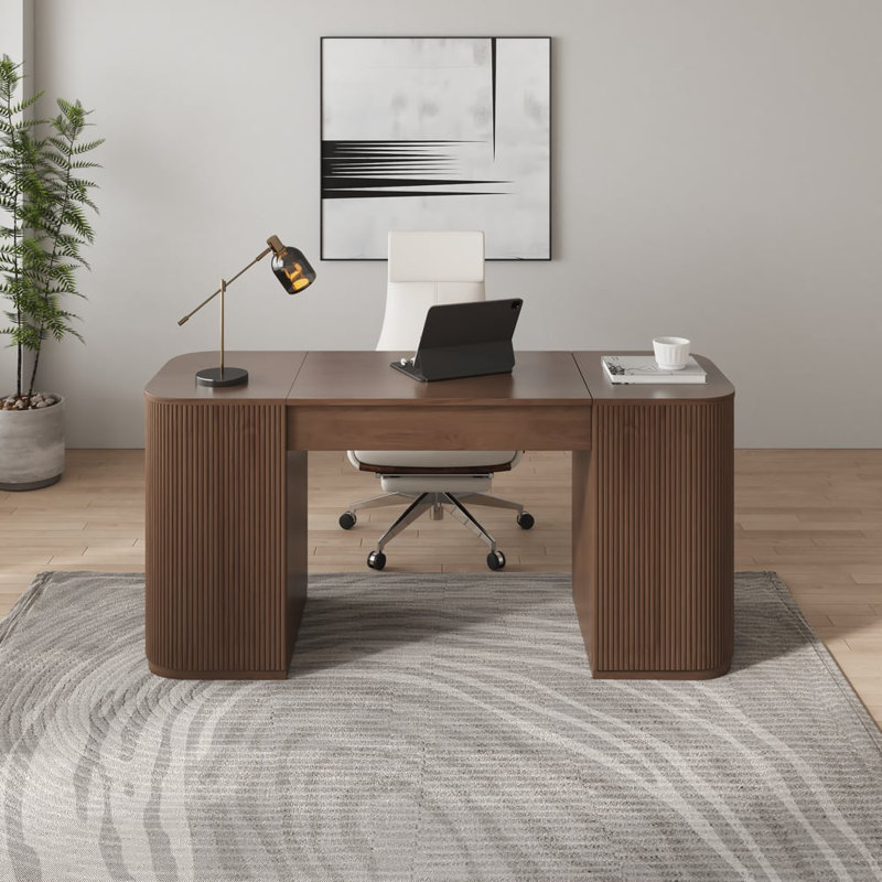 Modern Standing Writing Desk With 2 Doors & Ample Storage Office Desk, Walnut
