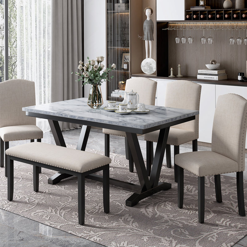 Table de salle à manger 6 pièces avec 4 chaises et 1 banc, table avec placages en marbre