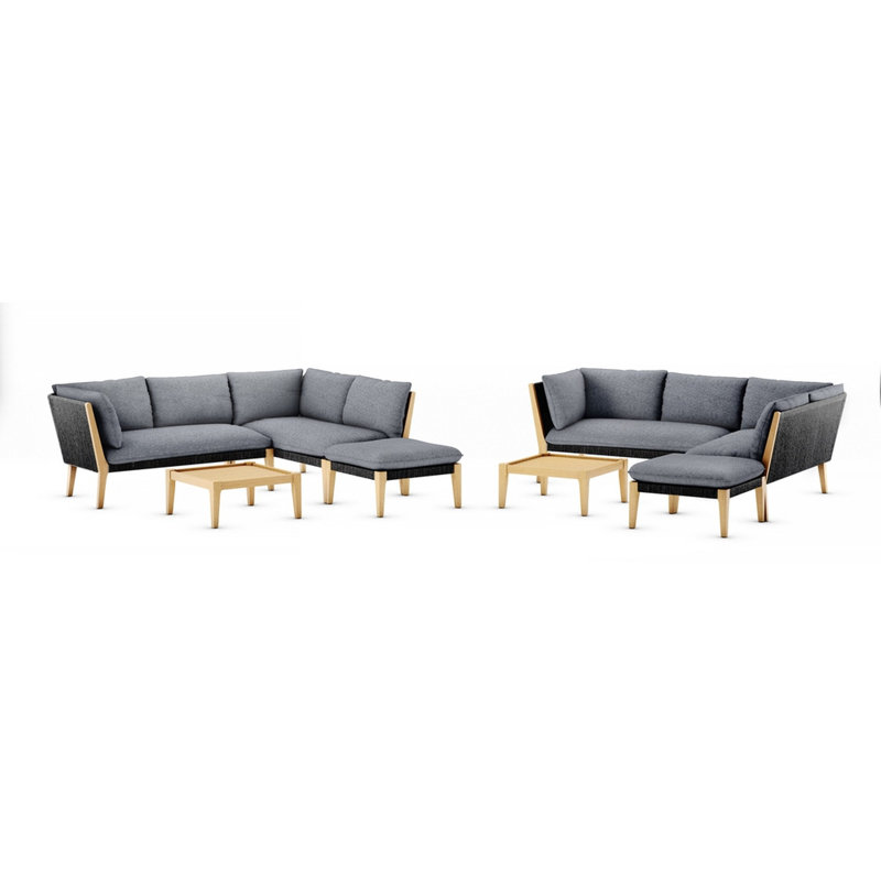 Ensemble de conversation d'extérieur en corde et en bois avec coussins Como - 2 ensembles, Gris