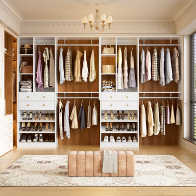 5ft Closet System With Drawers, 96 Inches Walk In Closet Organizer System With Shoe Rack, 3 Hanging Rods, Wall Mount Bedroom Wardrobe Clothes Garment Rack