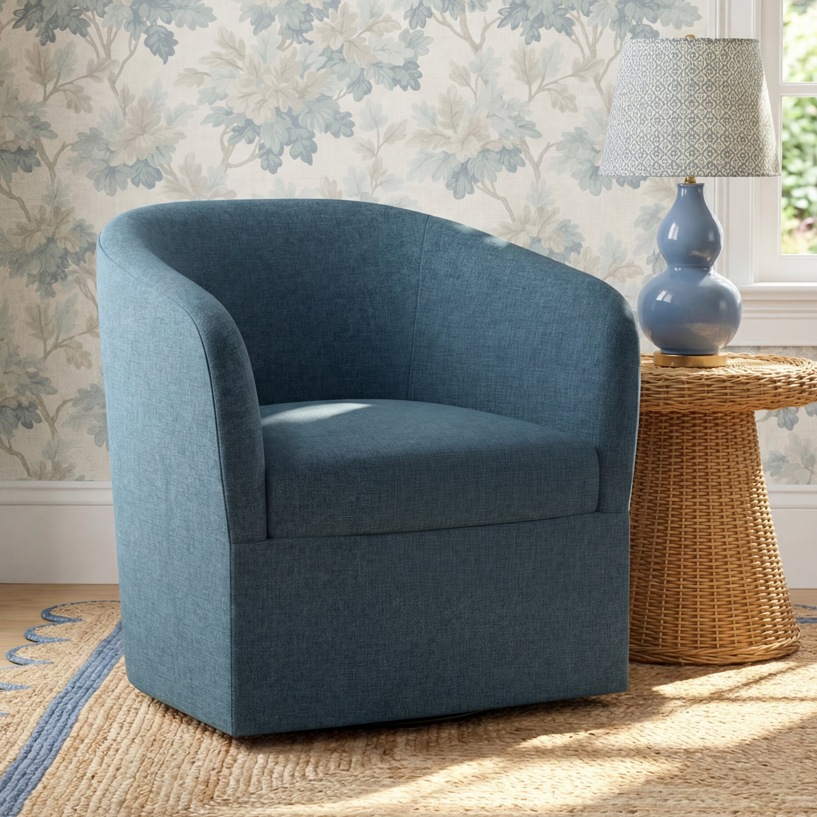 Lesia Upholstered Swivel Barrel Chair, Protea Palm Blush