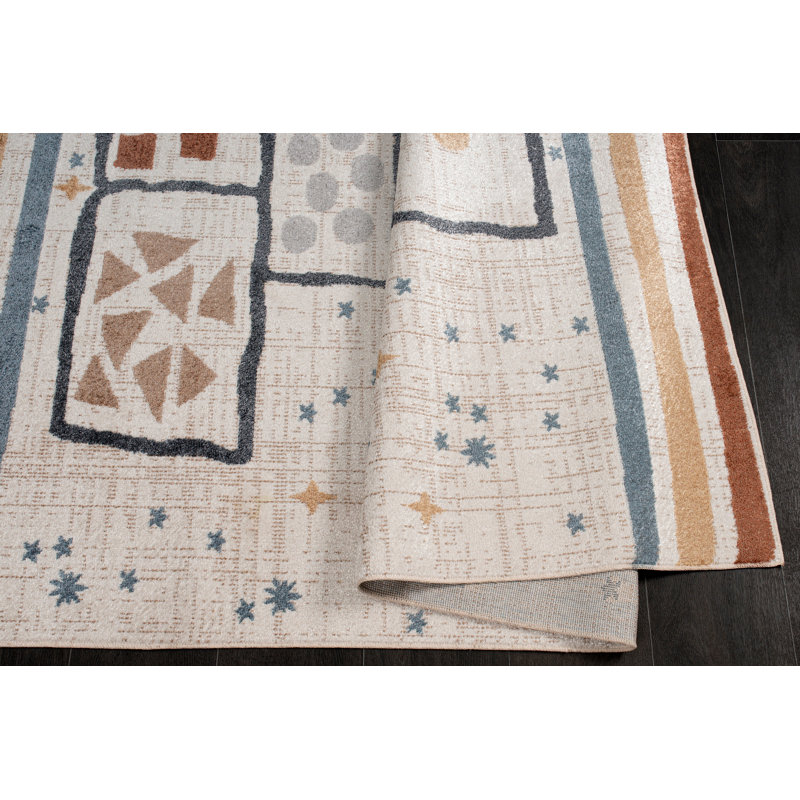 Tapis beige / bleu en polypropylène tissé à la machine Adeltraud, Rectangle 3 pi 11 po x 5 pi 3 po