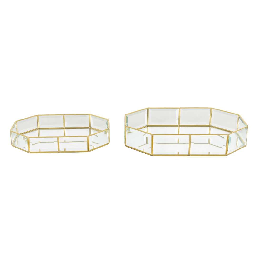 Glass Beveled Wide Octagon Decorative Clear Jewelry Box with Gold Metal Frame Set (Set of 2) Mercer41