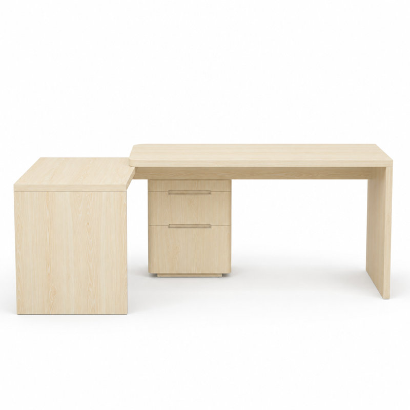 90 Inch Modern L Shaped Executive Desk with 3 Drawers and 360 Degree Rotating Design, Spacious Corner Workstation for Home Office, Study Room, or Living Room, Crafted from Durable MDF with Natural Wood Finish