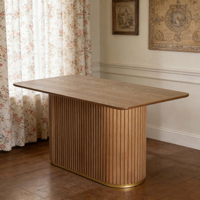 63" Mid-Century Modern Counter Table, Light Ash MDF With Tambour Pedestal Base, 4-6 Seater For Dining & Living Room