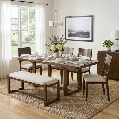 6-Piece Solid Wood Dining Table Set, Extendable Rectangular Dining Room Set