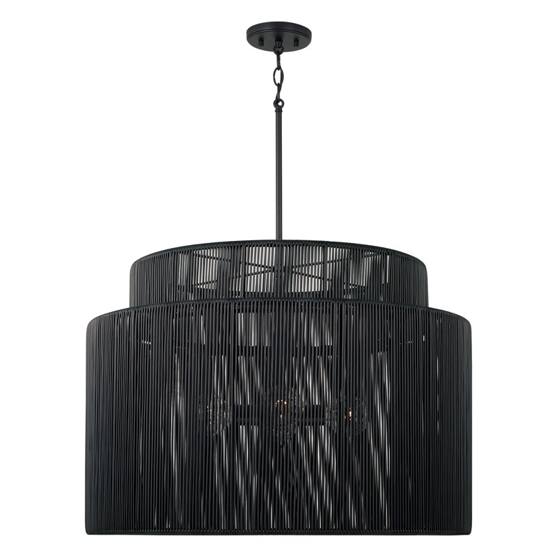28.75" W x 20.25" H 3-Light Indoor Outdoor Pendant in Matte Black and Hand-wrapped Onyx Black Resin Rope, 28.75"W x 20.25"H