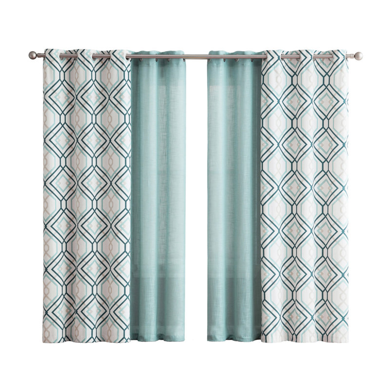  Jackston 4-Piece Solid and Printed Curtain Panel Set, Blue, 38" W x 96" L