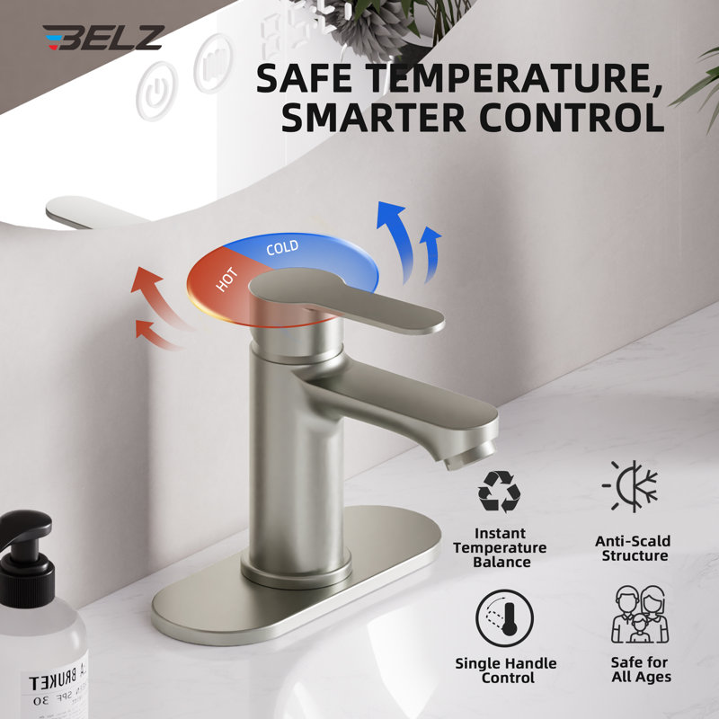 Robinet de salle de bain BELZ en nickel, robinet de salle de bain moderne à poignée simple pour la maison, les véhicules récréatifs et les bassins d'extérieur, comprend une bonde escamotable, des conduites d'alimentation, une plaque de 6,5 po, 1 ou 3 trous de 4 po, conforme à la NSF