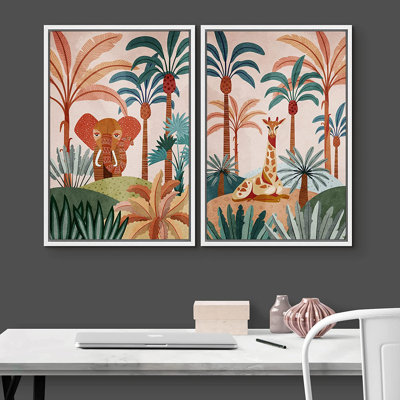 Éléphant et girafe dans la jungle tropicale, ensemble de 2 impressions sur toile flottante