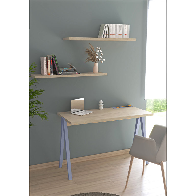 Dikili Solid Wood Base Writing Desk, Light Oak/Blue