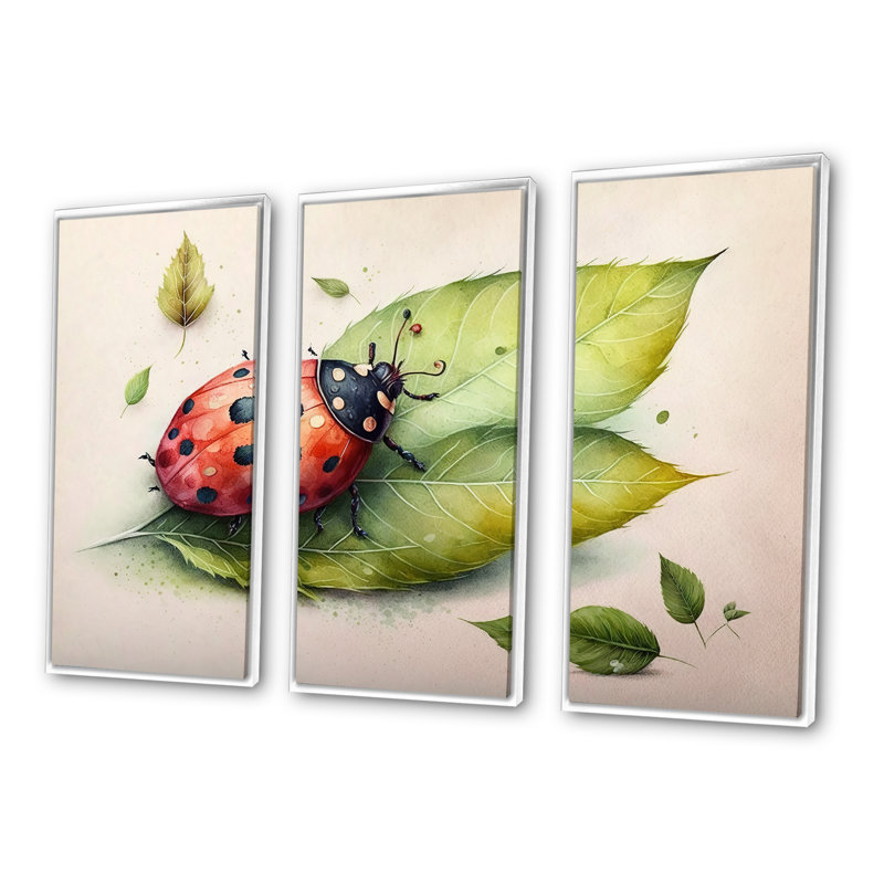 «Ladybug On A Leaf», reproduction sur toile 3 pièces, H 28 po x l 36 po x P 1 po, Cadre blanc