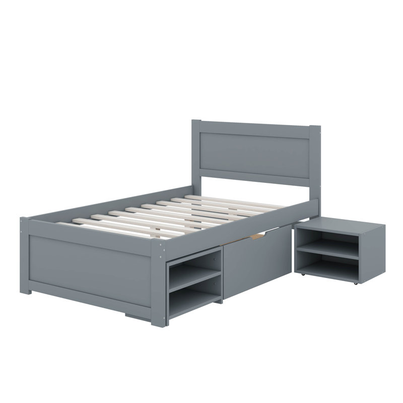Lit plateforme avec tiroir et tablettes, Gris, Lit double