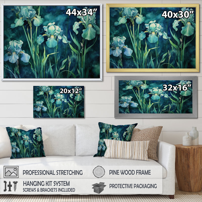 «Green Irises Petal I» sur toile, Cadre flottant noir, H 12 po x l 20 po x P 1,5 po